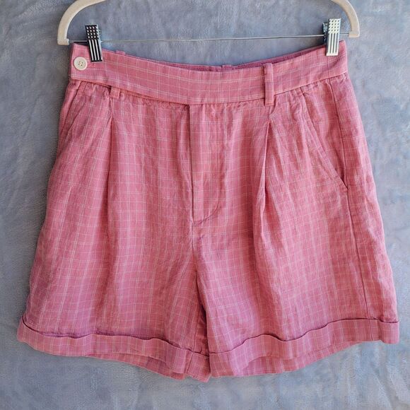 MADEWELL Cafe Pink The Harlow Check Short Size 8 Linen 6" Inseam Preppy Relaxed - Picture 2 of 9